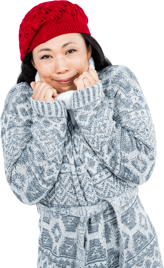 Transparent Comfy Winter Attire Woman Smiling with Wintry Expression