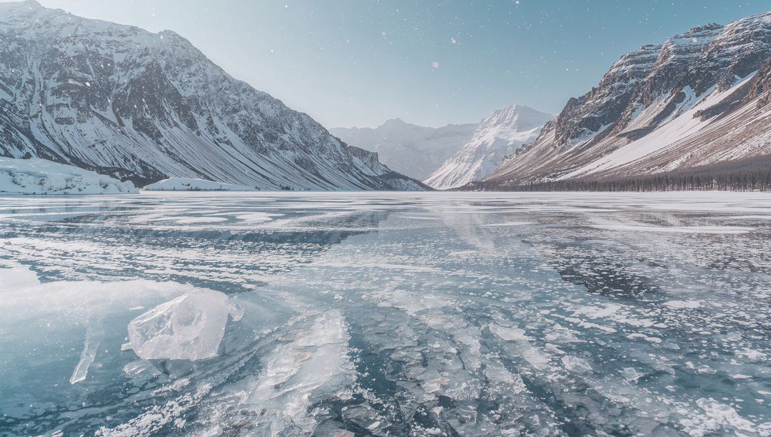 Frozen alpine lake showing cracked ice patterns and clear ice chunk in mountain valley