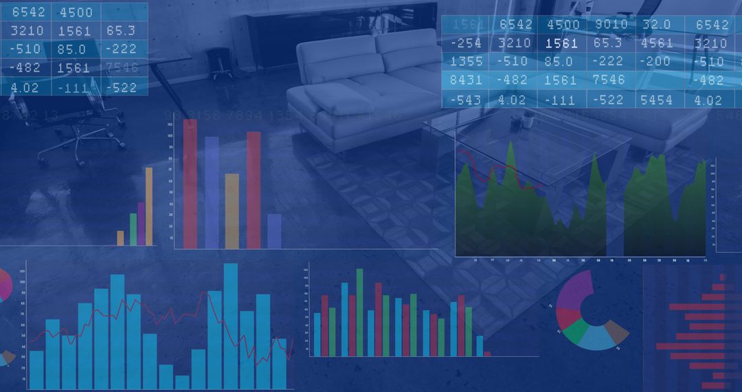 Displaying financial charts overlaying modern office lounge with sofas and coffee table