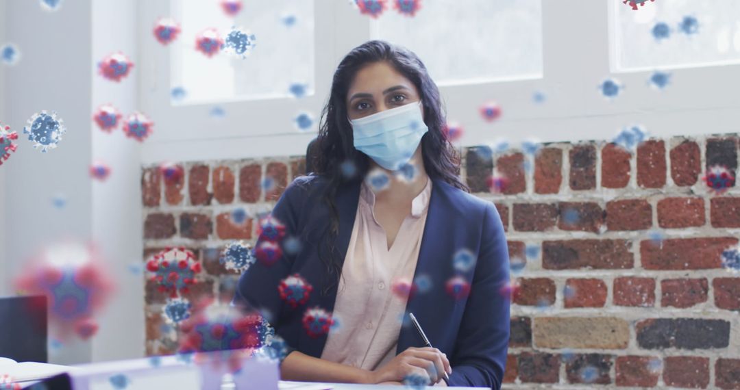Masked Office Worker Surrounded by COVID-19 Particles Illustration
