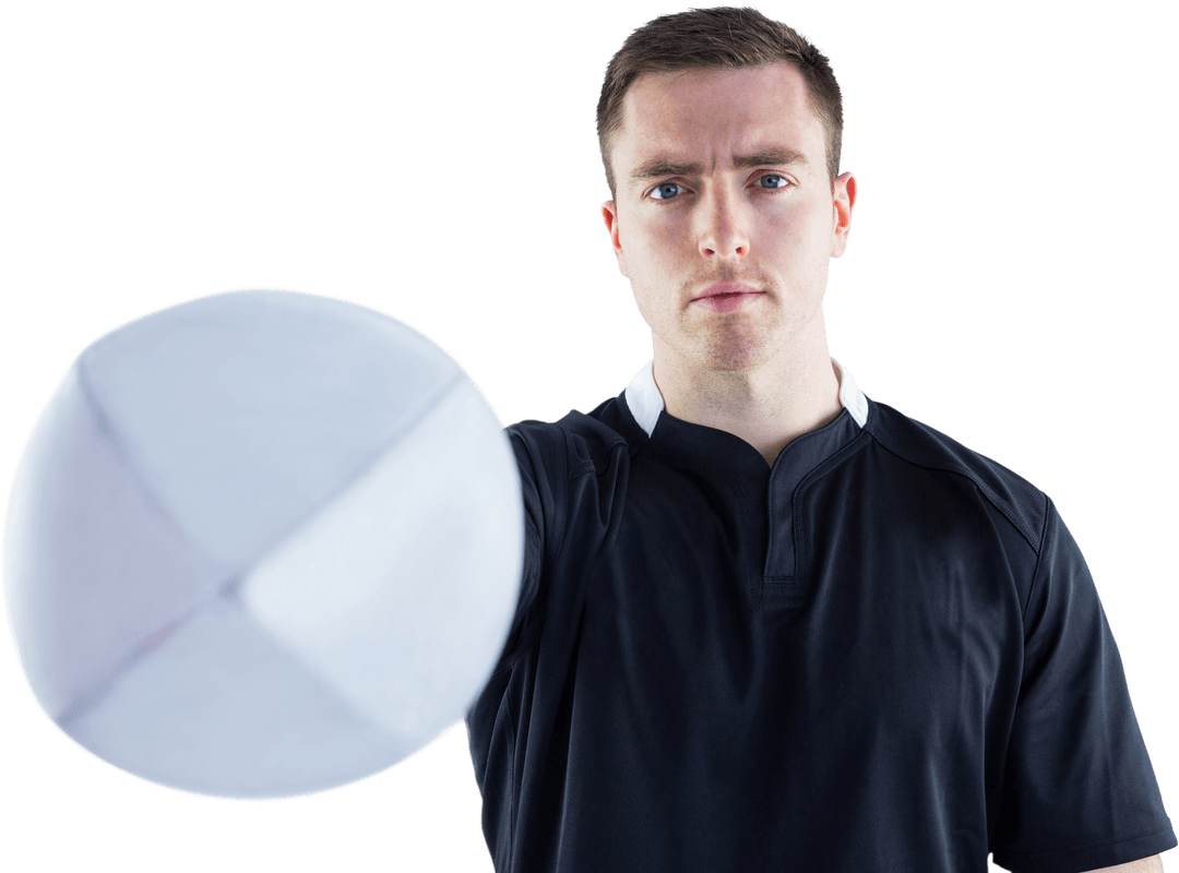 Rugby Player Holding Ball Into Camera on Transparent Background