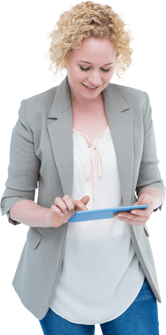 Smiling Professional Using Transparent Tablet for Office Work