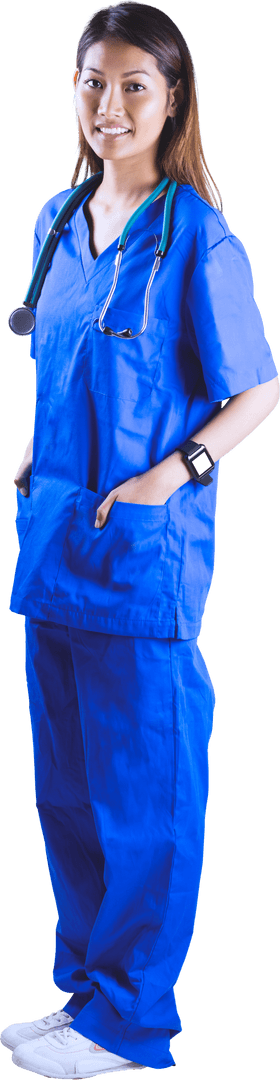 Transparent Asian Nurse Standing with Hands in Pockets Smiling