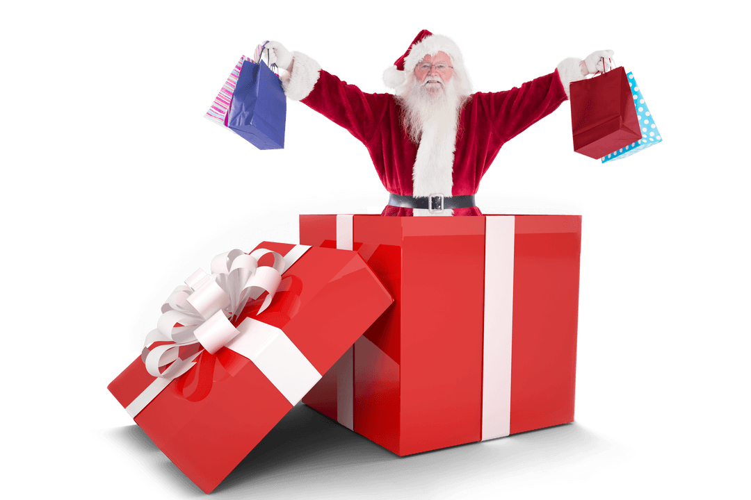 Transparent Santa Standing Inside Giant Wrapped Gift Box with Shopping Bags