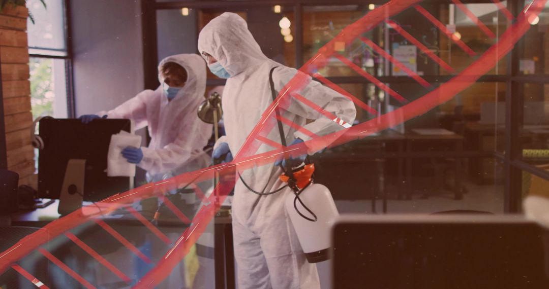 Sanitation team disinfecting modern office wearing hazmat suits and using sprayer