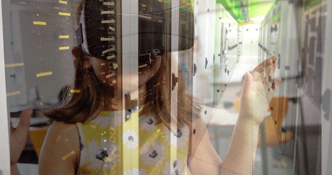 Schoolgirl Exploring Virtual Reality with Data Center Overlay
