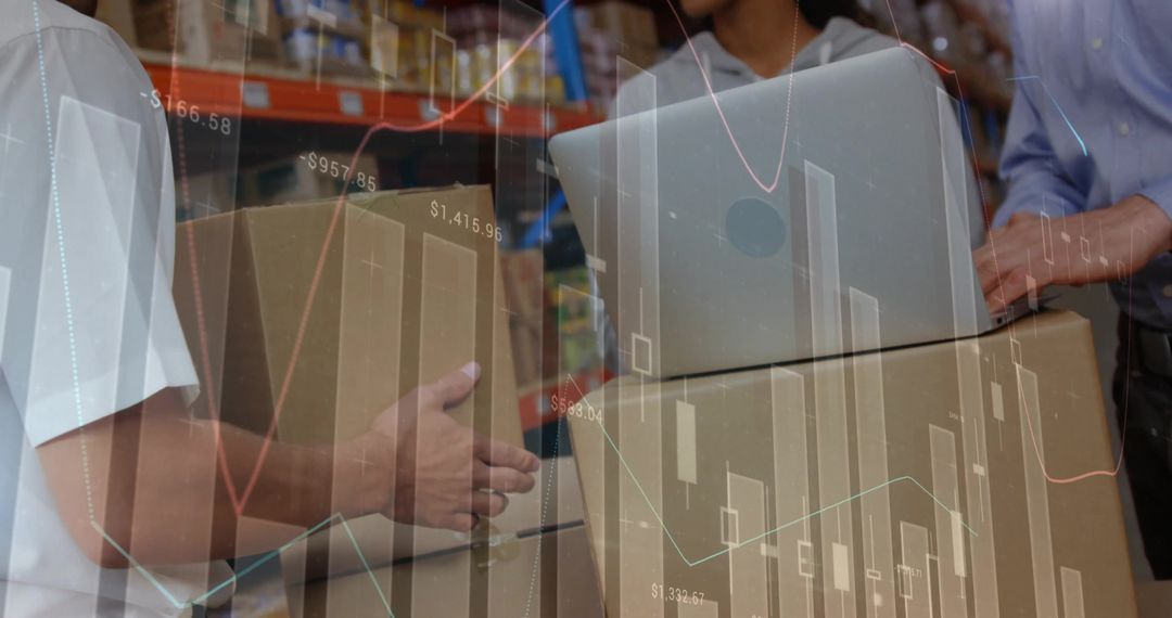 Warehouse team moving boxes with laptop and analytics overlay for logistics optimization