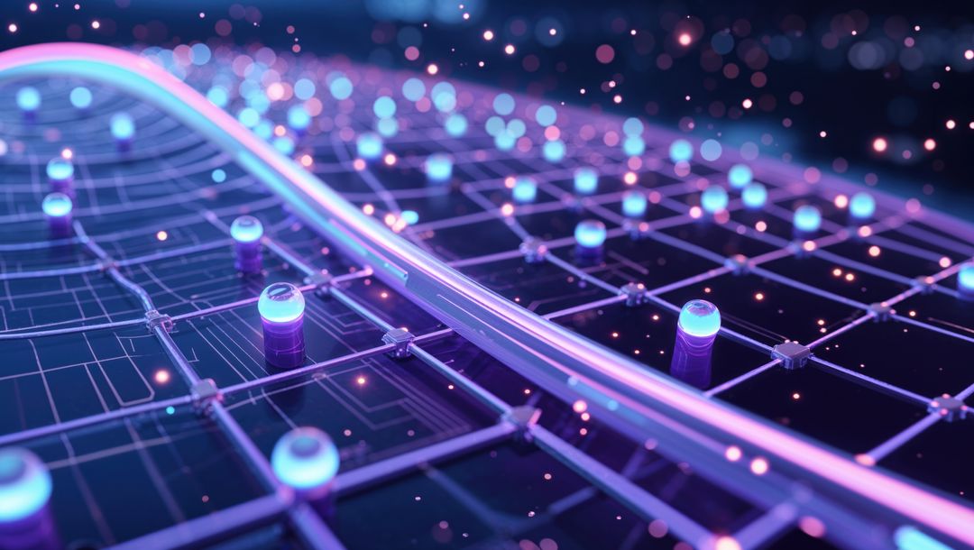 Futuristic Digital Grid with Glowing Nodes and Bokeh Effect