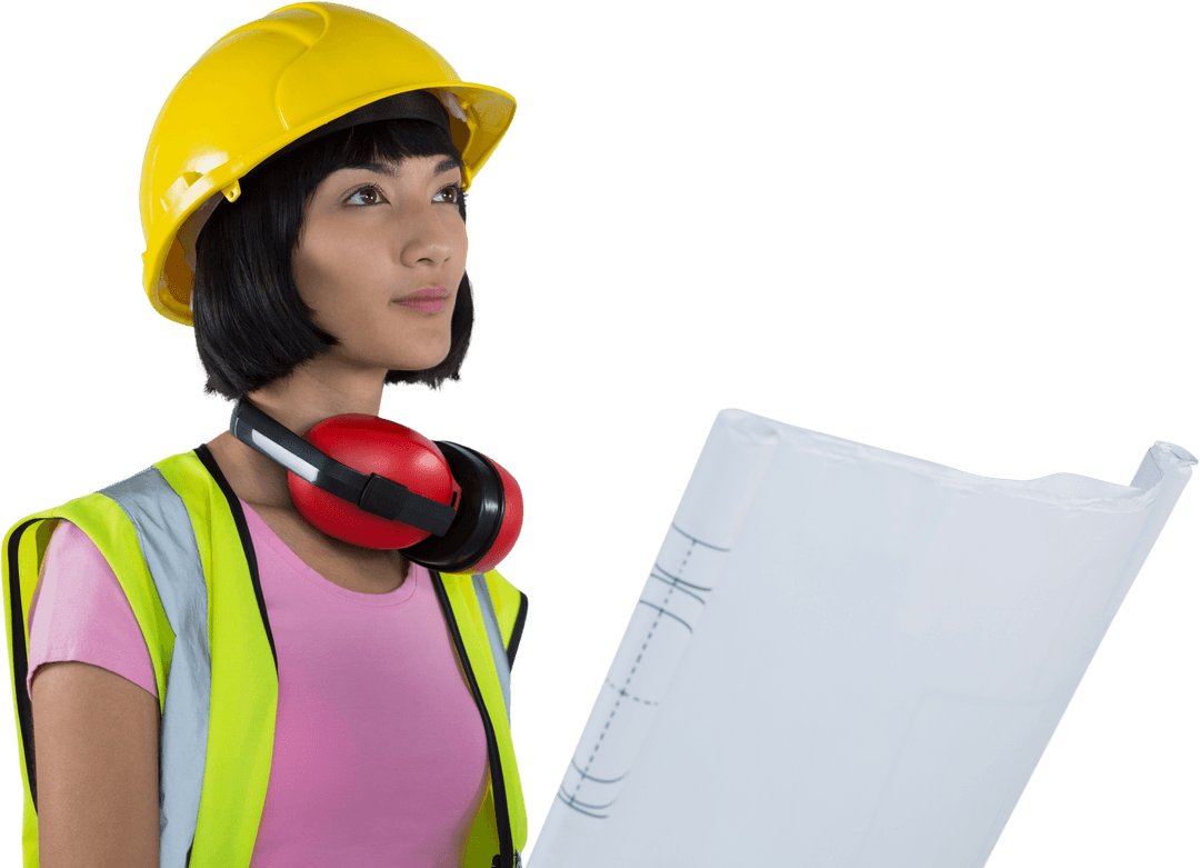 Transparent Image of Thoughtful Asian Female Architect with Blueprint