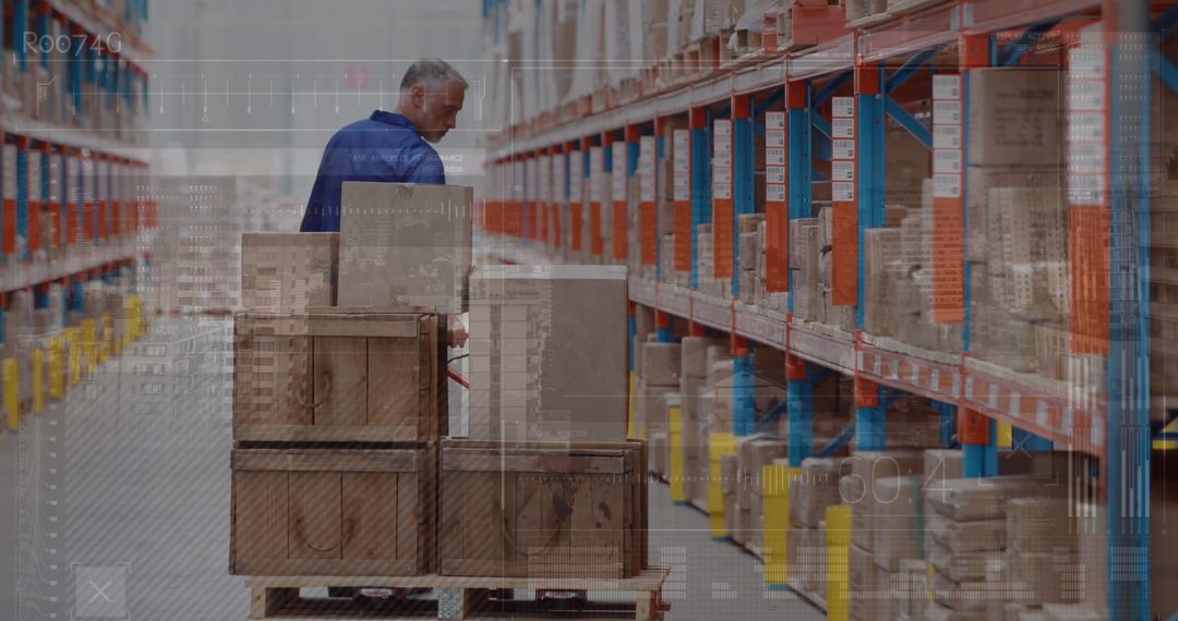 Warehouse Worker with Digital Data Overlay Symbolizing Logistics Innovation
