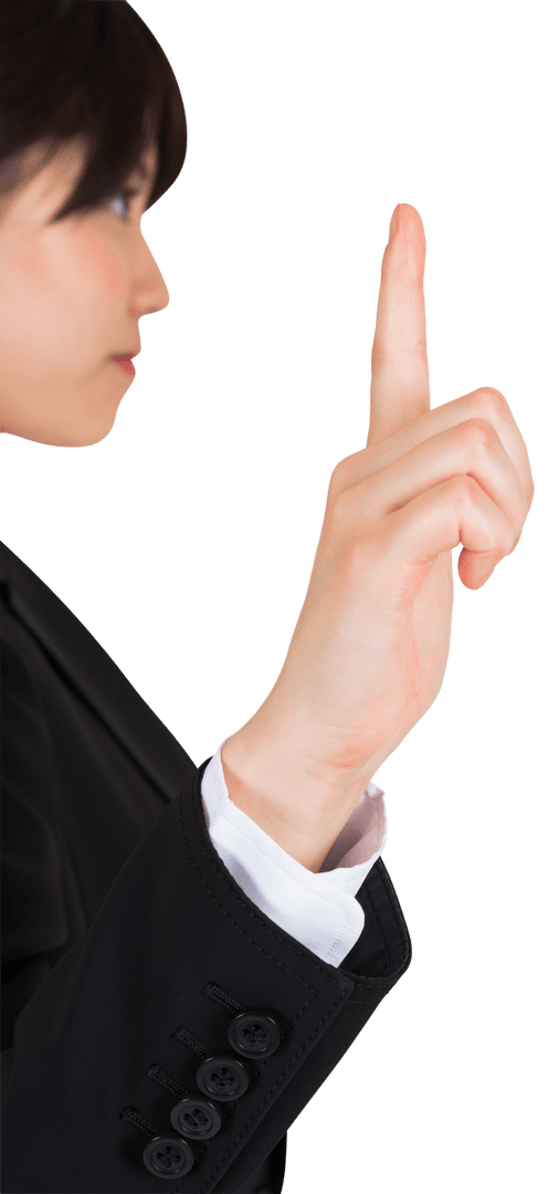 Concentrated Businesswoman with Index Finger on Transparent Background