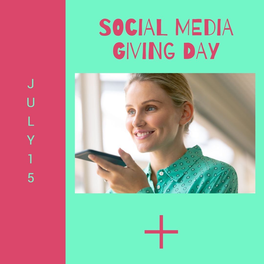 Woman Celebrating Social Media Giving Day with Smartphone - Download Free Stock Templates Pikwizard.com