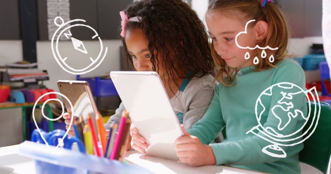 Diverse Schoolchildren Using Tablets with Educational Interface Icons