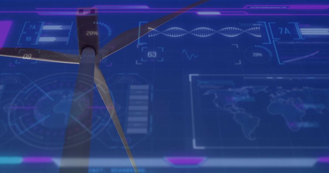 Monitoring wind turbine with holographic dashboard showing telemetry, analytics, world map