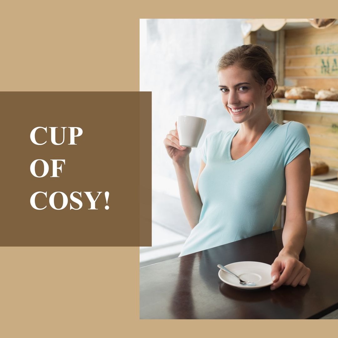 Cafe Vibes with Smiling Woman Enjoying Coffee - Download Free Stock Templates Pikwizard.com