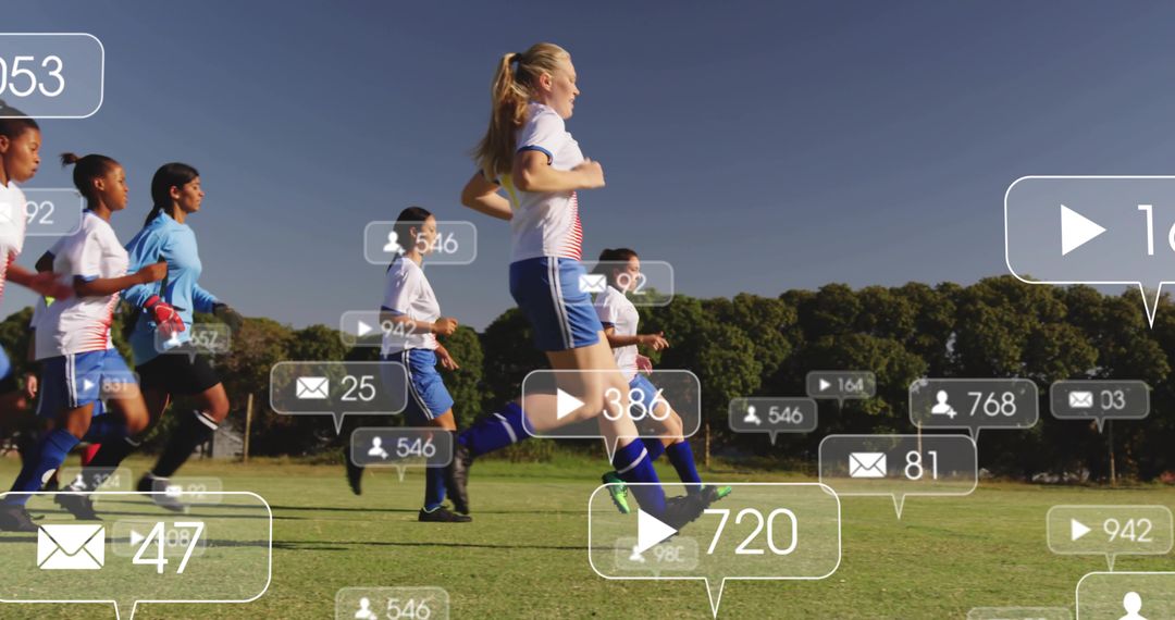 Youth Soccer Team in Action with Digital Overlay Notifications