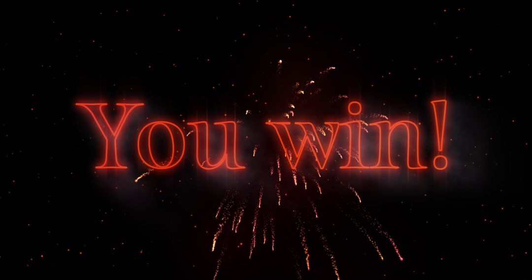 Red glowing 'you win' text with bright fireworks explosion