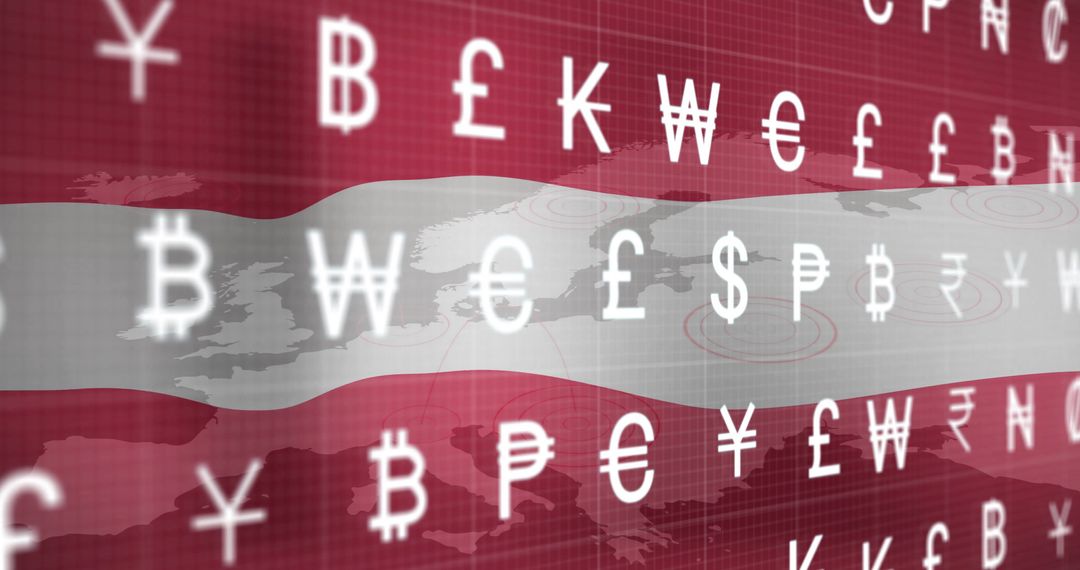 Global Currency Symbols Overlaid on Austrian Flag with Map Background