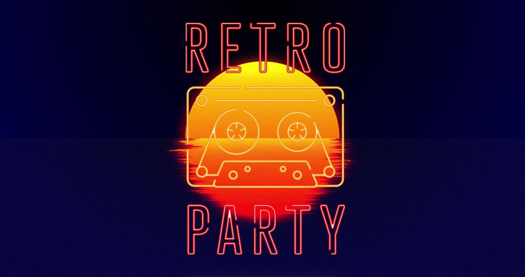 Retro Party Text with Sunset and Cassette Graphic