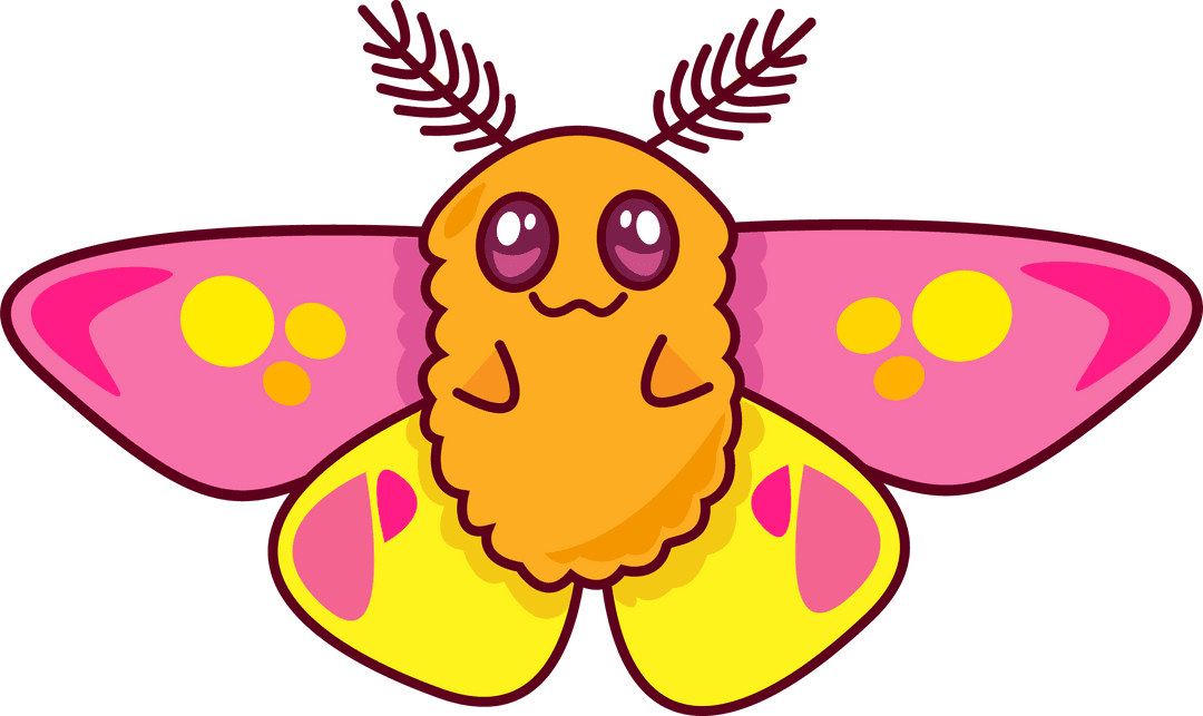 Whimsical Cartoon Moth-Like Creature with Pink Wings on Transparent Background