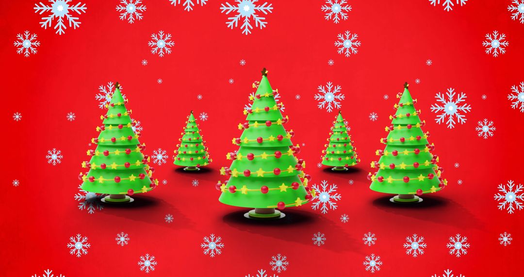 Festive Christmas Trees with Snowflakes on Vibrant Red Background