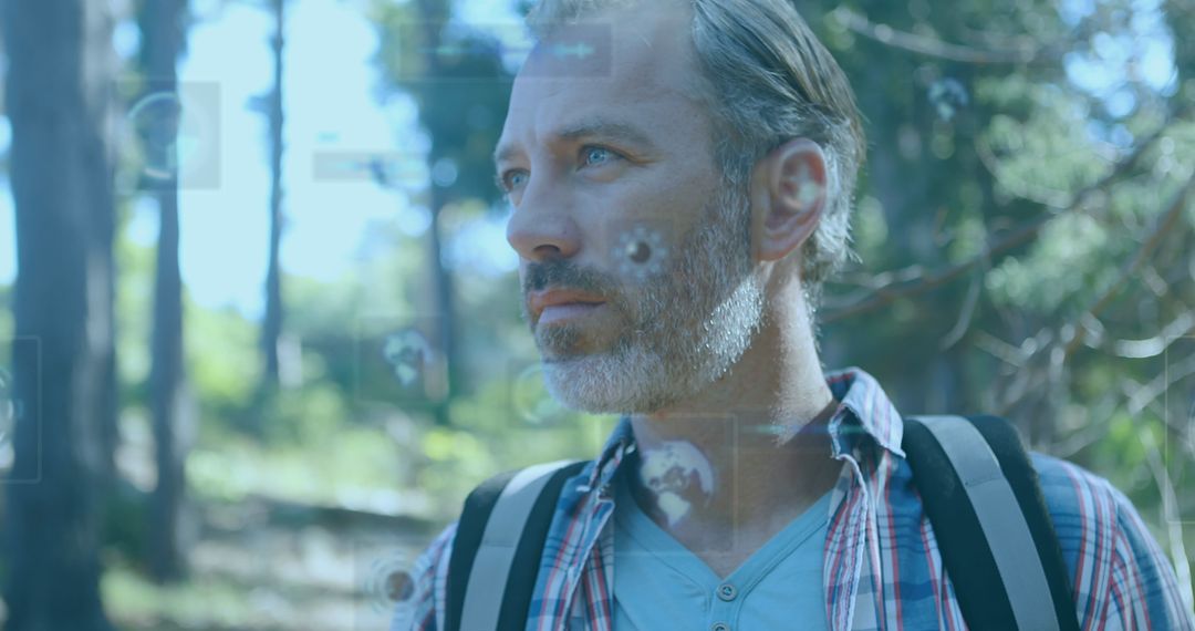 Reflective Hiker Experiencing Futuristic Data Visualization in Forest