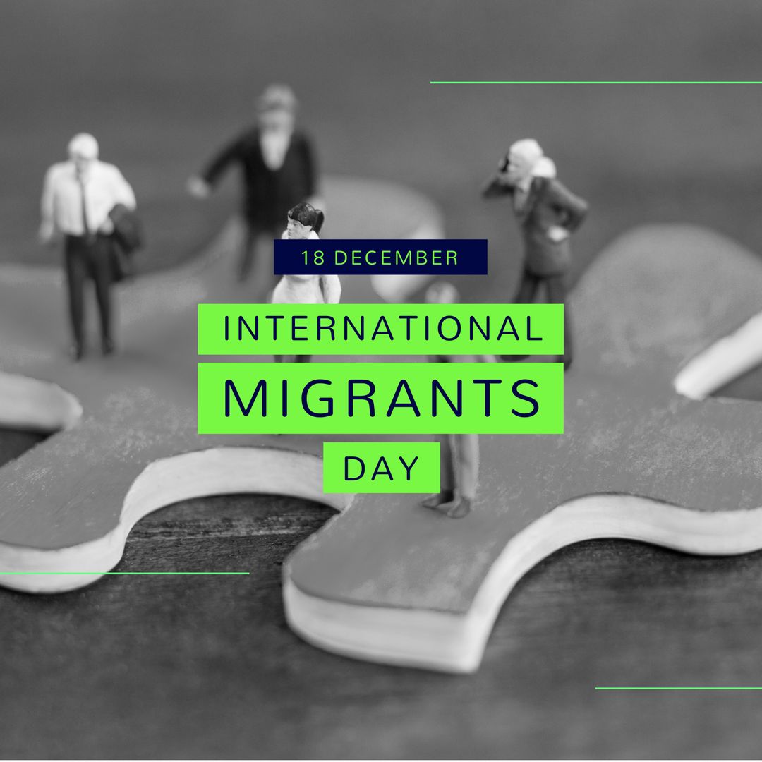 International Migrants Day Commemoration with Figurines and Text Overlay