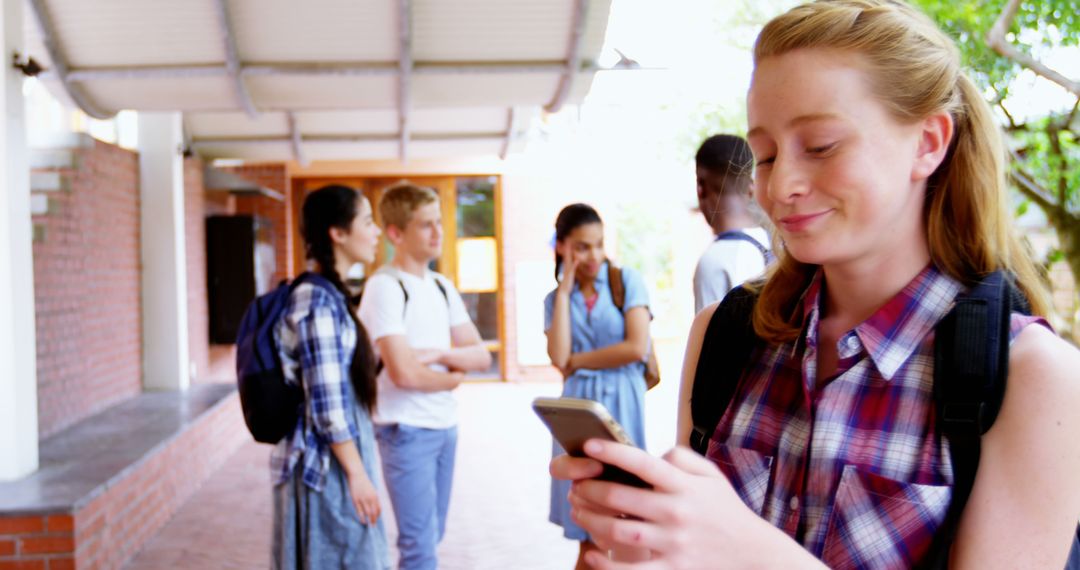 Teen Girl Engaged on Smartphone While Friends Gather at School - Free Images, Stock Photos and Pictures on Pikwizard.com