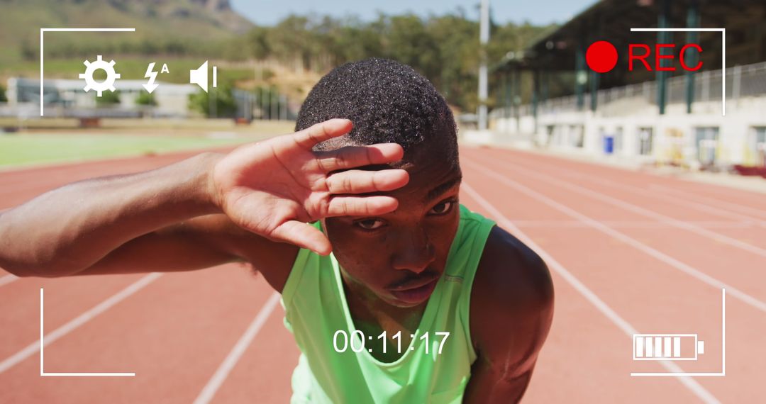 Athlete Wiping Forehead on Sunlit Track with Recording Overlay