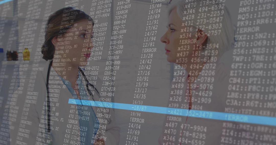 Doctors Discussing in Hospital Hallway with Digital Code Overlay