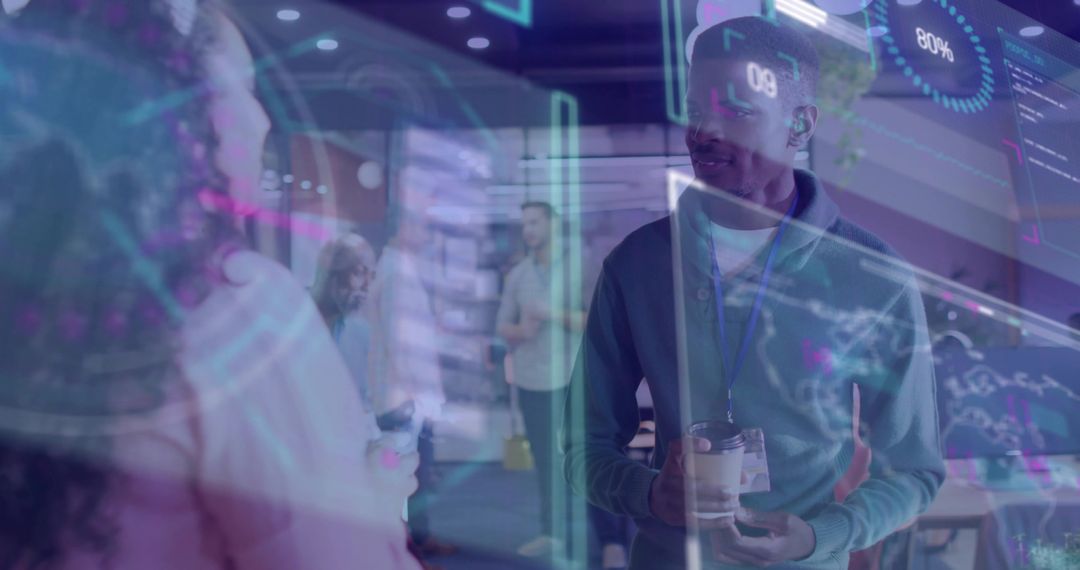 Futuristic Business Conversation with Holographic Technology in Modern Office