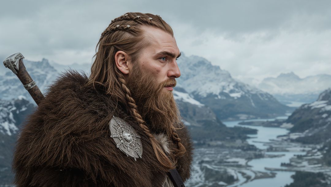 Bearded Warrior Overlooks Mountain Valley in Epic Fantasy Setting