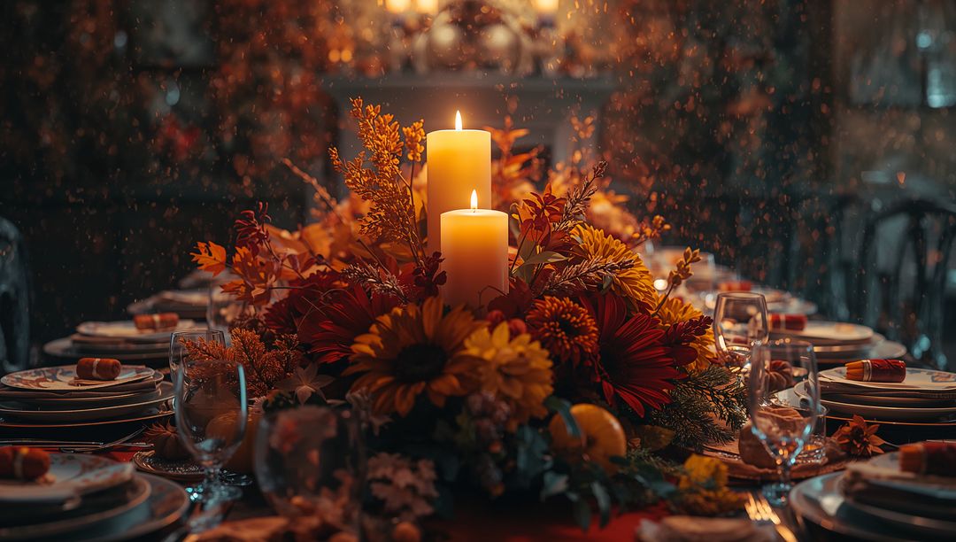 Autumnal Festive Table Setting with Candles and Foliage