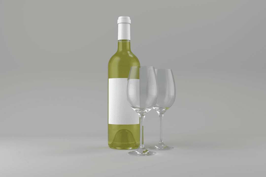 Transparent Green Wine Bottle with Two Glasses Complementing Minimalist Design