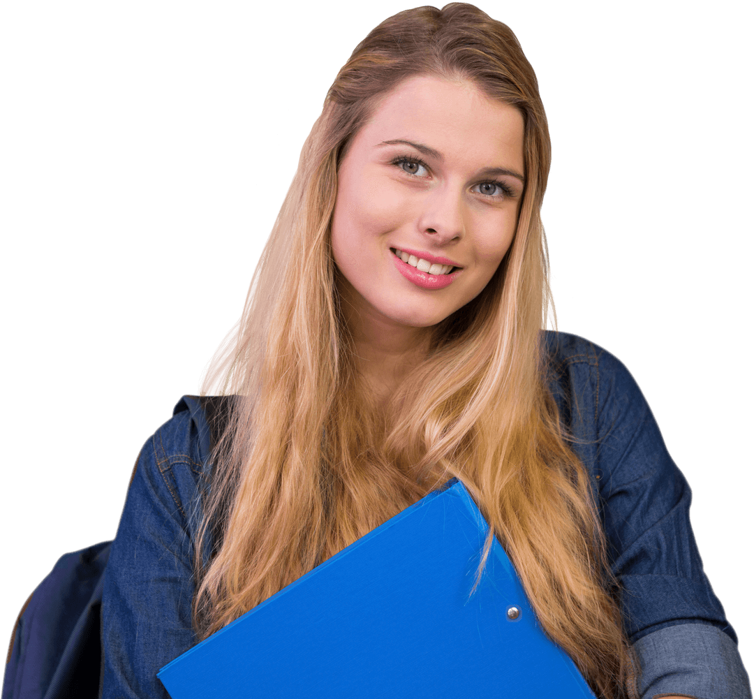 Smiling Student Holding Blue Binder on Transparent Background