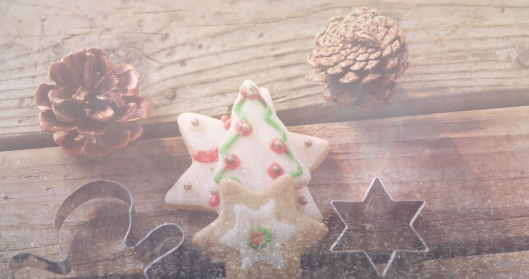 Festive Christmas Cookies and Pinecones on Wooden Table