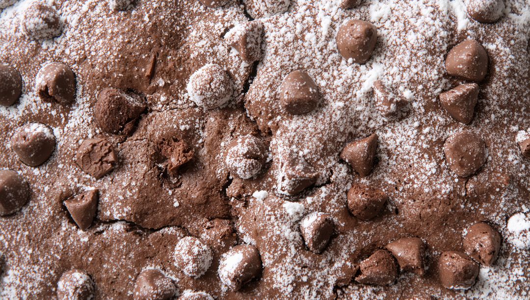 Fudgy chocolate brownie close-up showing powdered sugar dusting and glossy chocolate chips