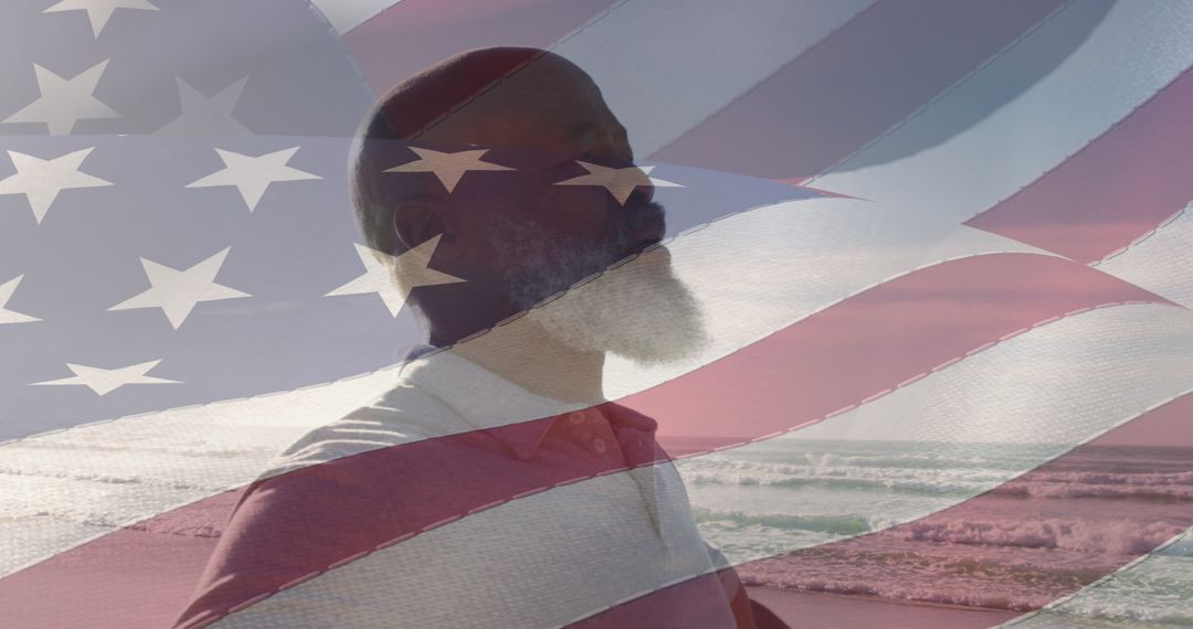 Senior Man Reflecting with American Flag Double Exposure