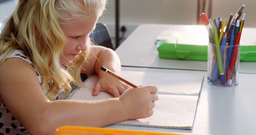 Young Schoolgirl Concentrating on Homework at Desk in Classroom