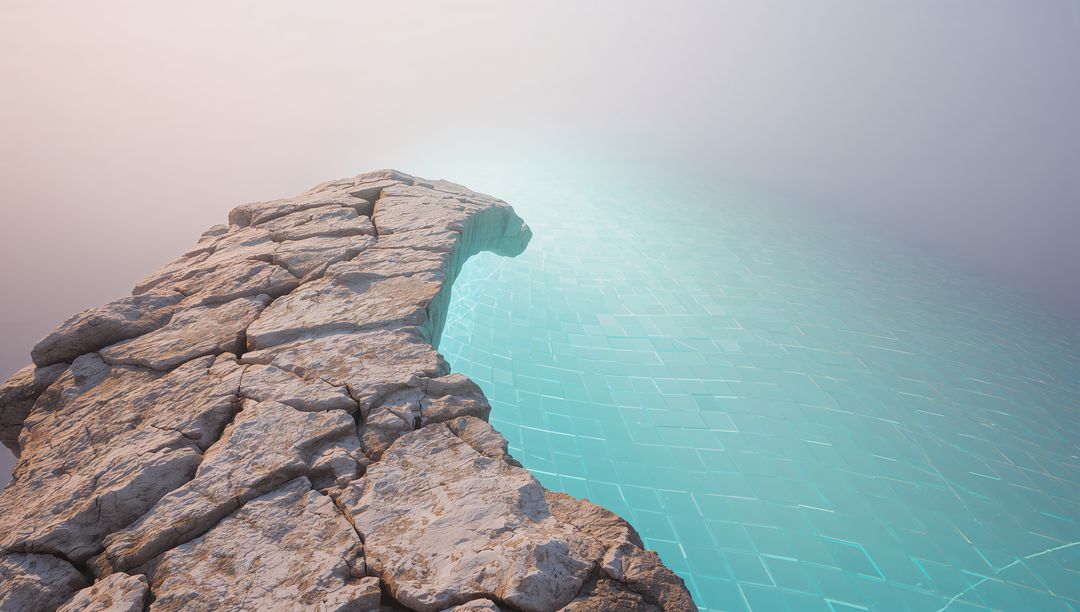 Rugged rock ledge jutting over misty turquoise water with subtle geometric grid horizon