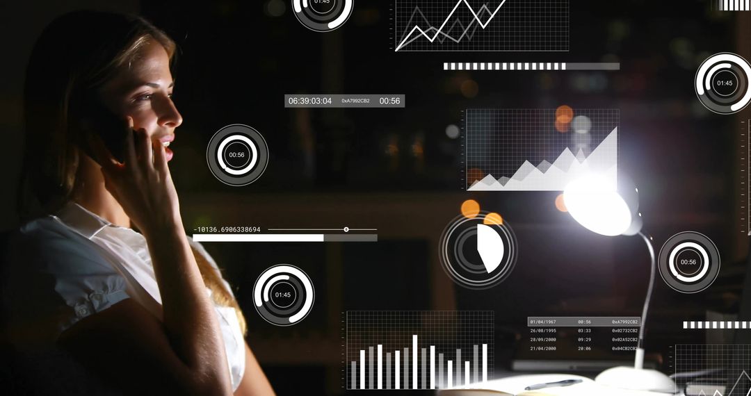 Businesswoman Analyzing Data with Call in Late-Night Office