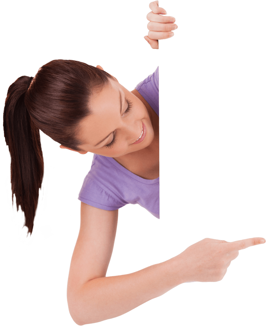 Brunette Woman Pointing at Transparent Banner