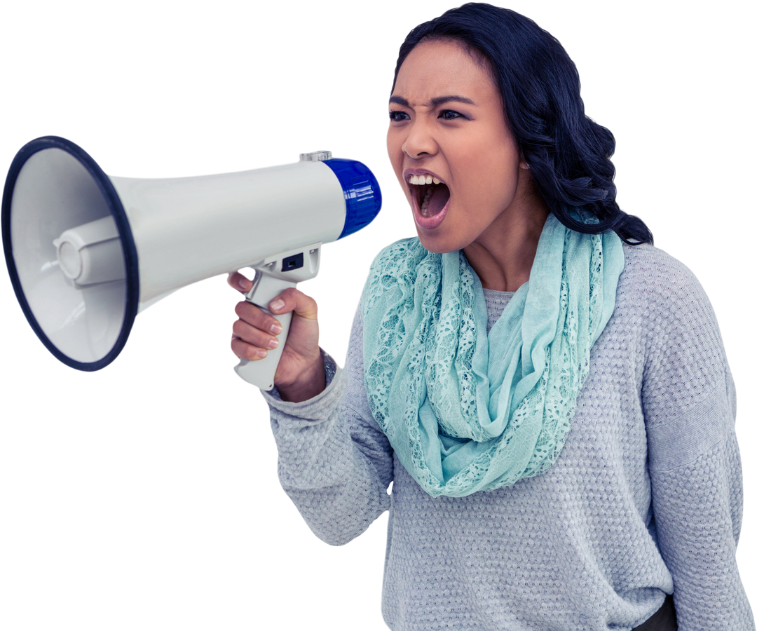 Transparent image of woman yelling through megaphone marketing announcement - Download Free Stock Images Pikwizard.com