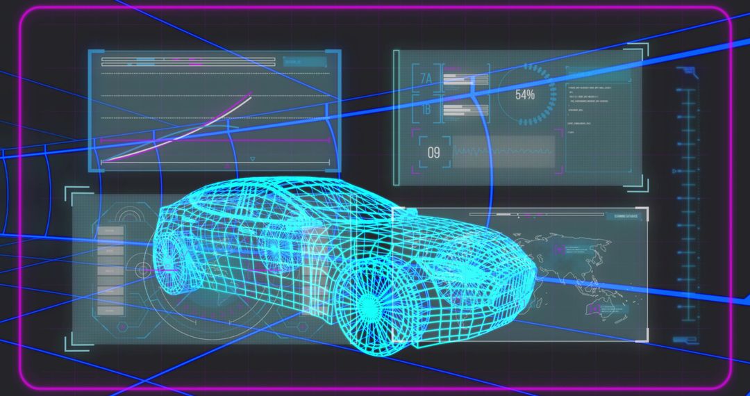 Futuristic Neon Wireframe Car with Virtual Holographic Interface
