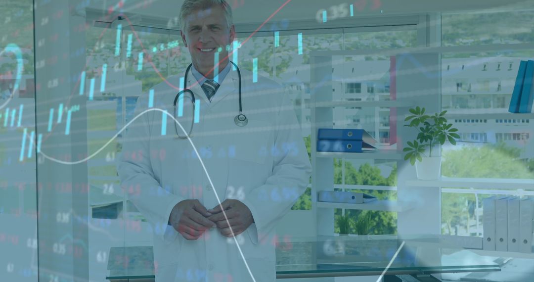 Experienced Senior Doctor Confidently Smiling in Modern Office with Data Overlays