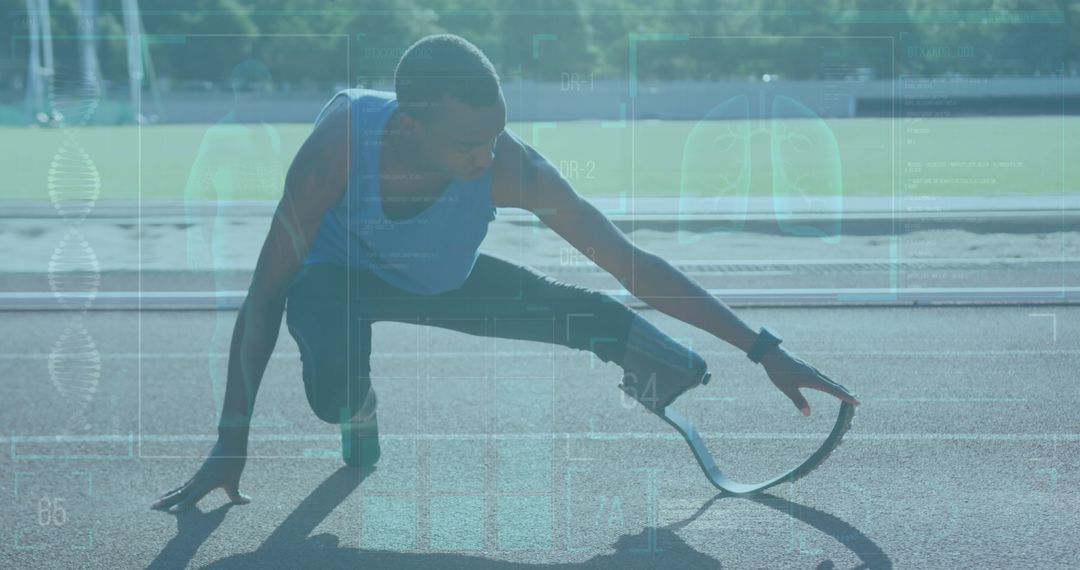 Afro American Para-athlete with Running Blade Stretching on Track
