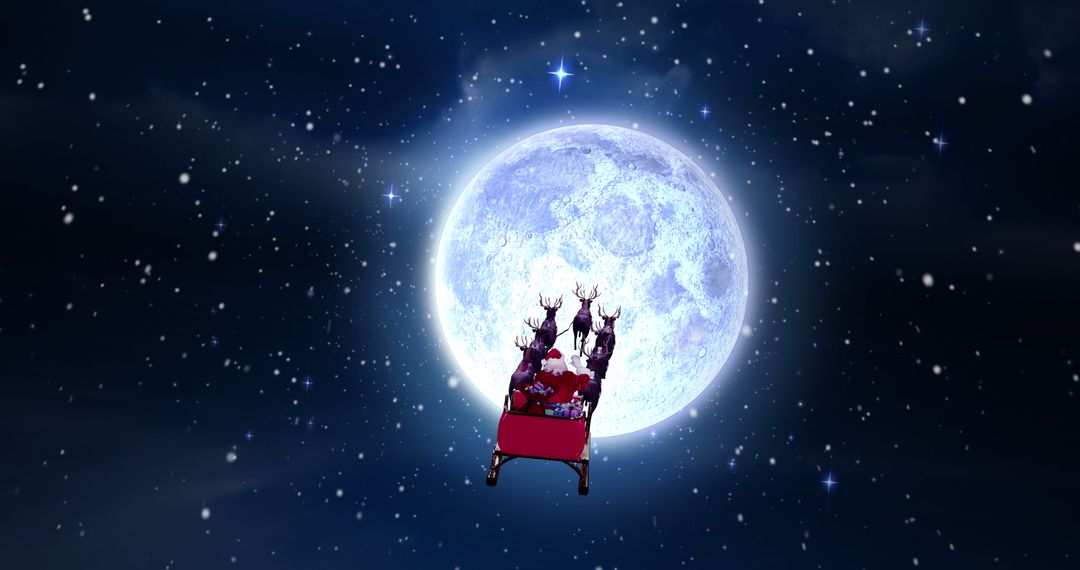 Santa Flying in Night Sky with Reindeer and Full Moon Backdrop - Free Images, Stock Photos and Pictures on Pikwizard.com