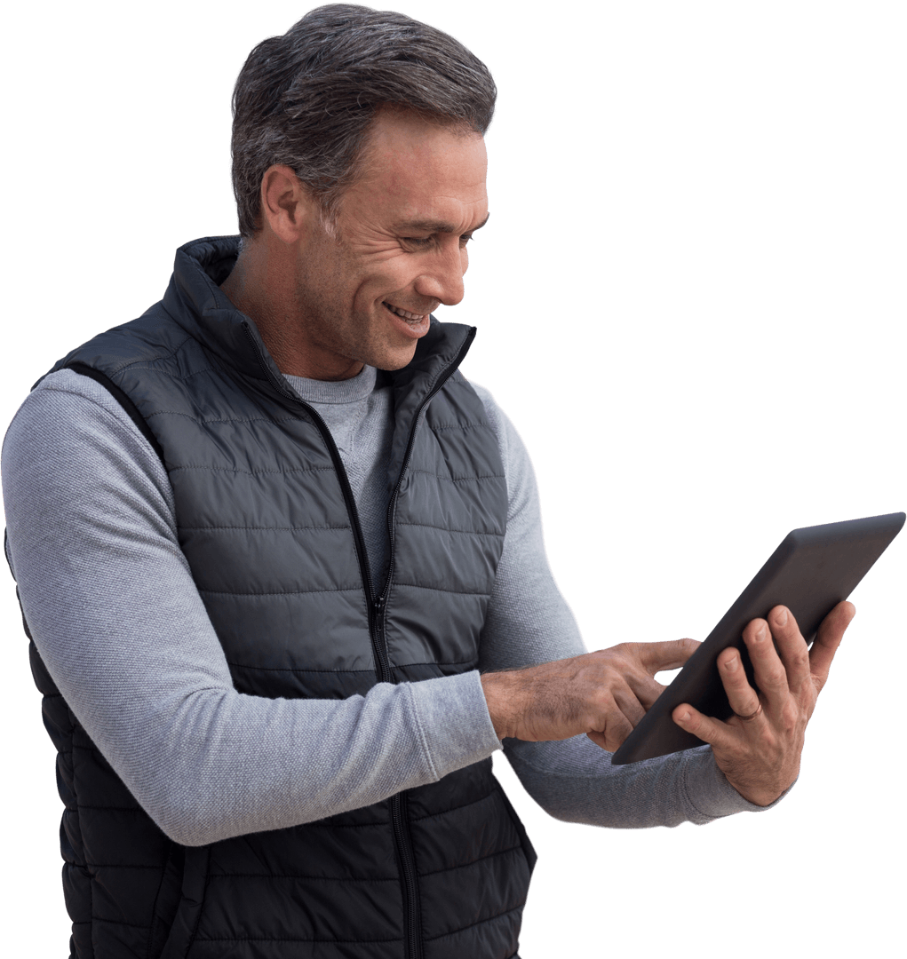Happy Caucasian Man Using Tablet Transparent Background