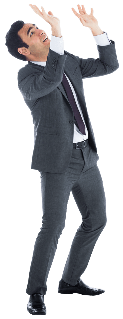 Transparent Businessman Appearing Frightened with Arms Raised