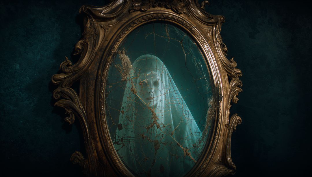 Eerie Apparition Behind Cracked Antique Mirror in Spooky Setting